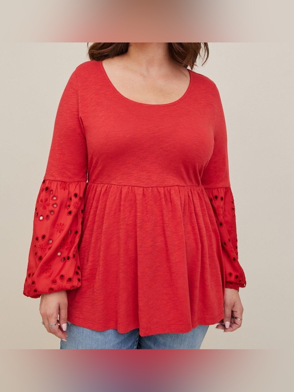 Torrid- Red Eyelet Balloon-Sleeve Peplum Top